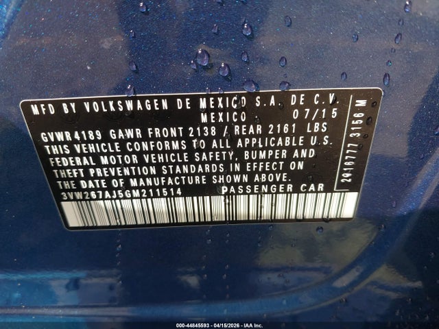 Aukcja sprzedaży 2016 Volkswagen Jetta 1.4t S, vin: 3VW267AJ5GM211514, numer aukcji: 44845593