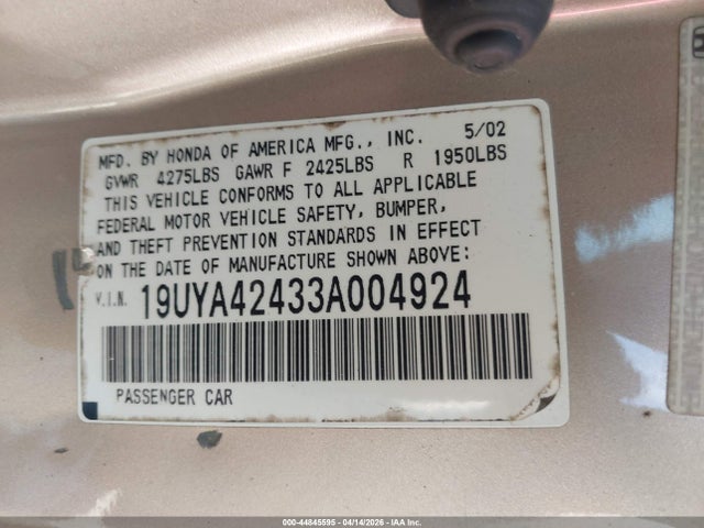 44845595 :رقم المزاد ، 19UYA42433A004924 vin ، 2003 Acura Cl 3.2 مزاد بيع