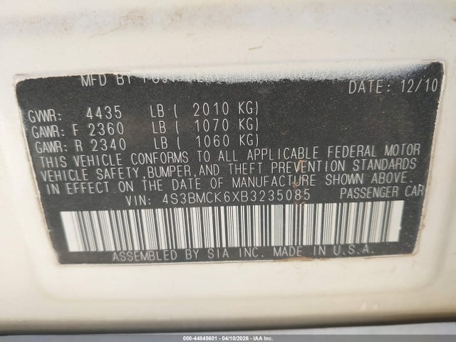44845601 :رقم المزاد ، 4S3BMCK6XB3235085 vin ، 2011 Subaru Legacy 2.5i Limited مزاد بيع