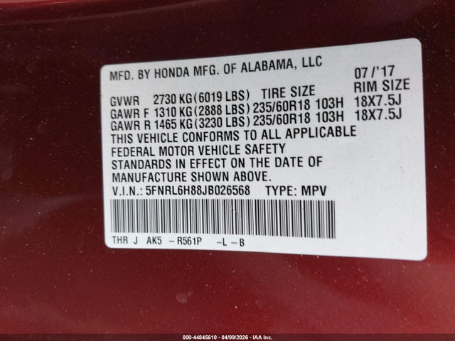 5FNRL6H88JB026568 Honda Odyssey Touring