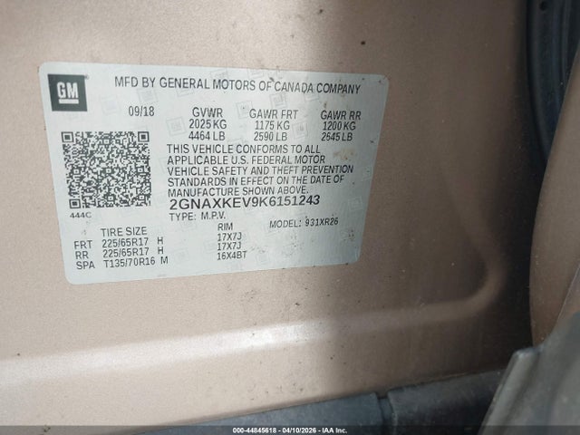 Aukcja sprzedaży 2019 Chevrolet Equinox Lt, vin: 2GNAXKEV9K6151243, numer aukcji: 44845618