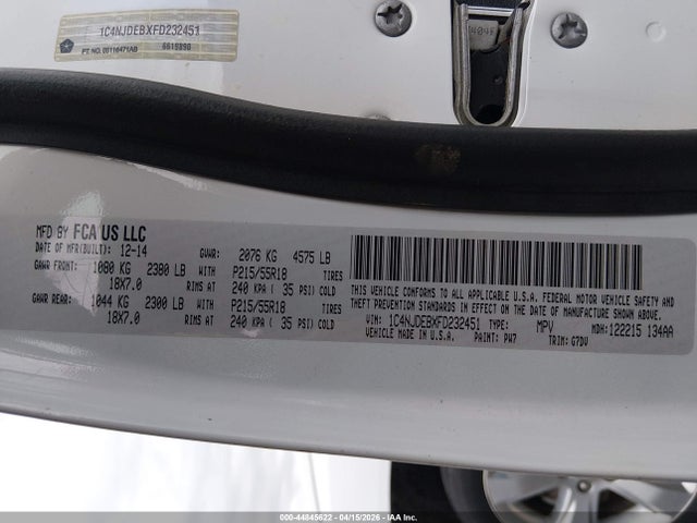 Aukcja sprzedaży 2015 Jeep Compass Latitude, vin: 1C4NJDEBXFD232451, numer aukcji: 44845622