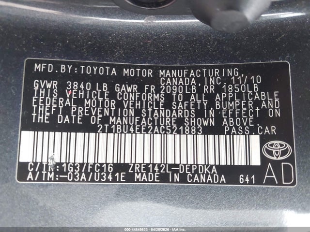 Продажа на аукционе авто 2010 Toyota Corolla Le, vin: 2T1BU4EE2AC521883, номер лота: 44845623