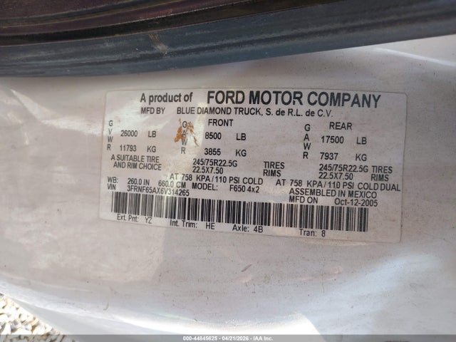Продажа на аукционе авто 2006 Ford F-650 Xl/xlt, vin: 3FRNF65AX6V314265, номер лота: 44845625