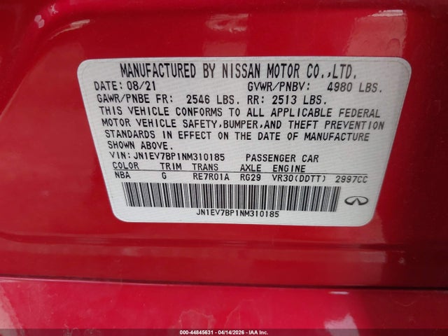 Aukcja sprzedaży 2022 Infiniti Q50 Luxe, vin: JN1EV7BP1NM310185, numer aukcji: 44845631