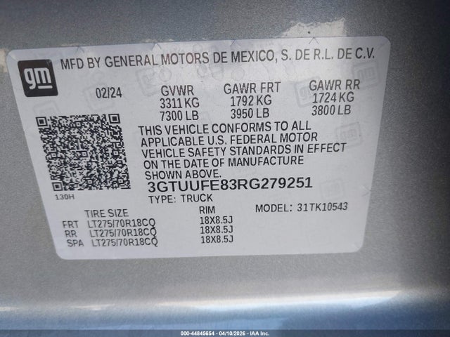 Aukcja sprzedaży 2024 Gmc Sierra 1500 4wd  Short Box At4x, vin: 3GTUUFE83RG279251, numer aukcji: 44845654