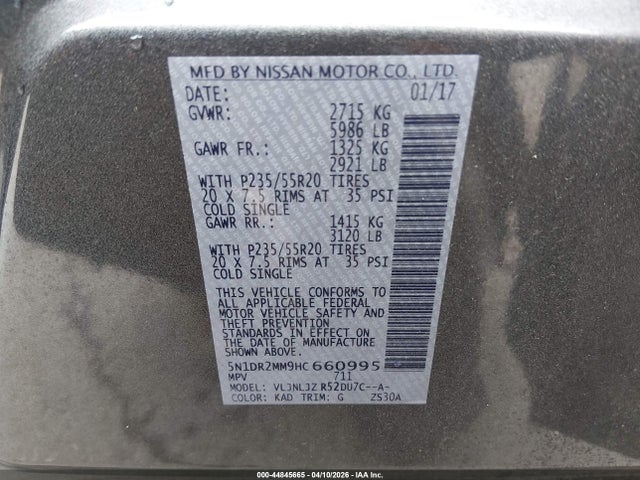 Aukcja sprzedaży 2017 Nissan Pathfinder Platinum, vin: 5N1DR2MM9HC660995, numer aukcji: 44845665