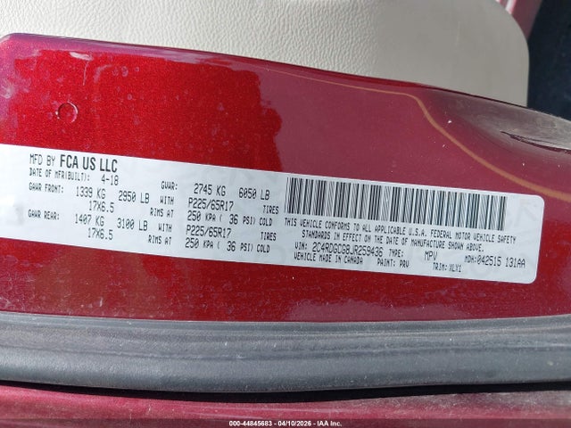 2018 Dodge Grand Caravan Sxt მანქანა იყიდება აუქციონზე, vin: 2C4RDGCG8JR259436, აუქციონის ნომერი: 44845683