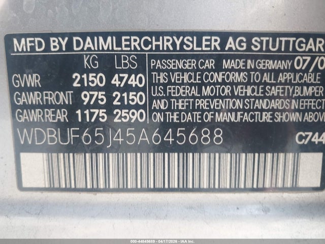 Продажа на аукционе авто 2005 Mercedes-benz E 320, vin: WDBUF65J45A645688, номер лота: 44845689