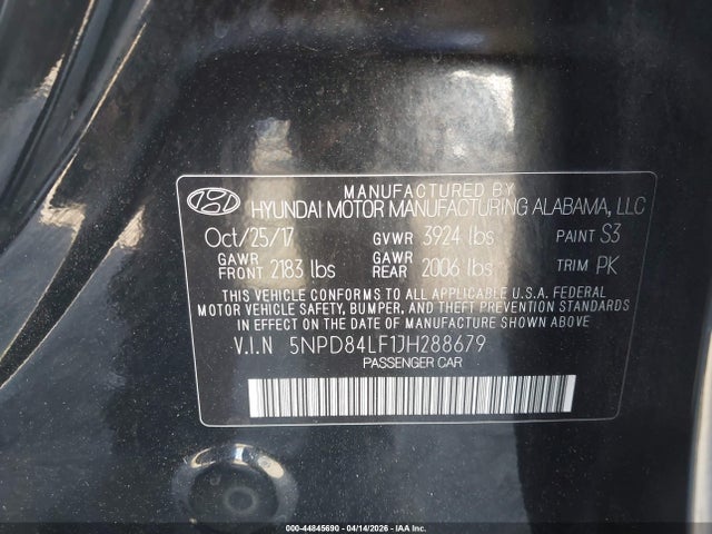 Aukcja sprzedaży 2018 Hyundai Elantra Sel, vin: 5NPD84LF1JH288679, numer aukcji: 44845690