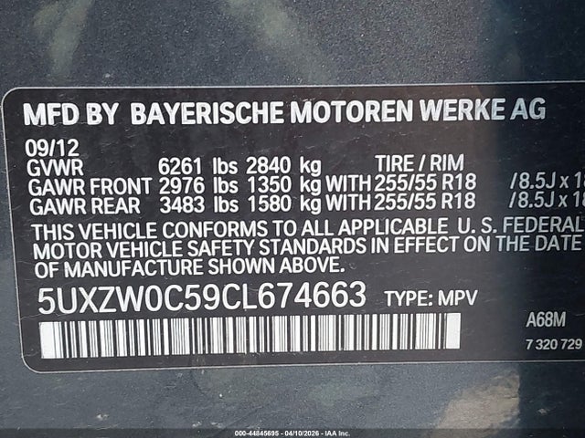 Aukcja sprzedaży 2012 Bmw X5 Xdrive35d, vin: 5UXZW0C59CL674663, numer aukcji: 44845695