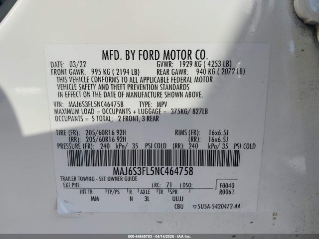 Продажа на аукционе авто 2022 Ford Ecosport S, vin: MAJ6S3FL5NC464758, номер лота: 44845703