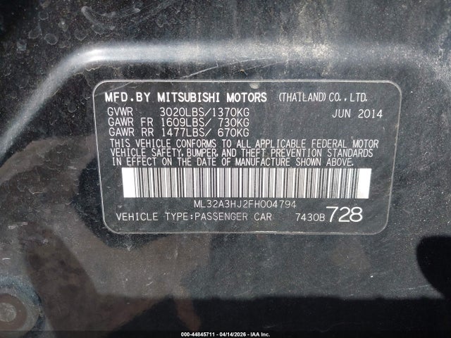 Продаж на аукціоні авто 2015 Mitsubishi Mirage De, vin: ML32A3HJ2FH004794, номер лоту: 44845711