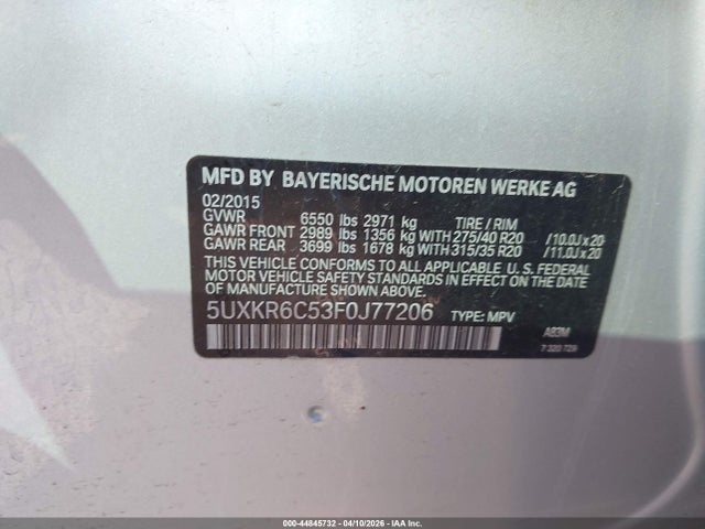 44845732 :رقم المزاد ، 5UXKR6C53F0J77206 vin ، 2015 Bmw X5 Xdrive50i مزاد بيع