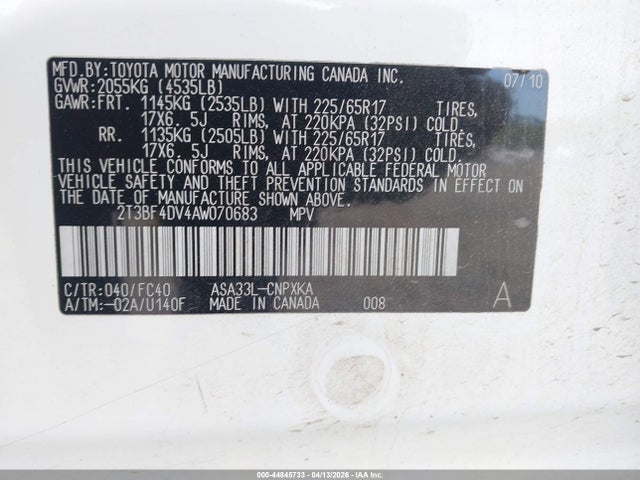 Продаж на аукціоні авто 2010 Toyota Rav4, vin: 2T3BF4DV4AW070683, номер лоту: 44845733
