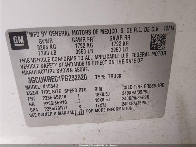 Продажа на аукционе авто 2015 Chevrolet Silverado 1500 1lt, vin: 3GCUKREC1FG232520, номер лота: 44845739