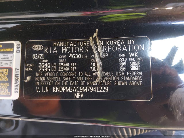 44845754 :رقم المزاد ، KNDPM3AC9M7941229 vin ، 2021 Kia Sportage Lx مزاد بيع
