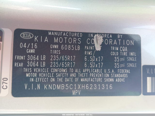 KNDMB5C1XH6231316 KIA SEDONA LX