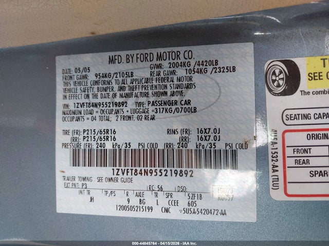 2005 FORD MUSTANG 1ZVFT84N955219892 Photo 8