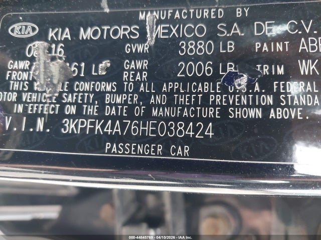 Aukcja sprzedaży 2017 Kia Forte Lx, vin: 3KPFK4A76HE038424, numer aukcji: 44845769
