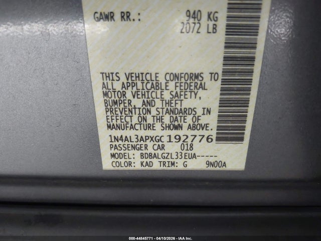 1N4AL3APXGC192776 Nissan Altima 2.5/2.5 S/2.5 Sl/2.5 Sr/2.5 Sv