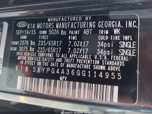 5XYPG4A36GG114955 KIA Sorento 2.4l Lx