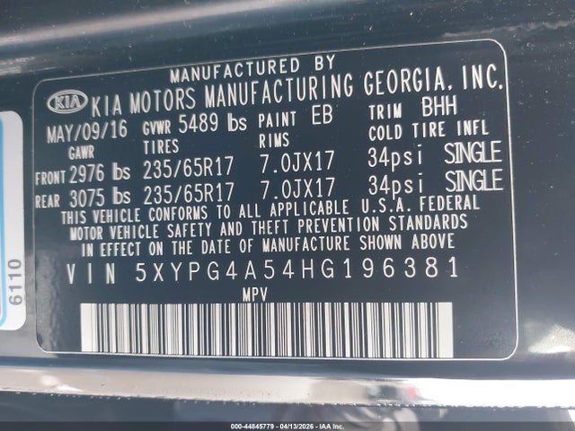 5XYPG4A54HG196381 KIA Sorento 3.3l Lx