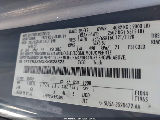 Aukcja sprzedaży 2019 Ford Transit-250, vin: 1FTYR3XMXKKB28823, numer aukcji: 44845787