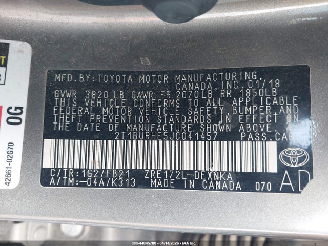 2T1BURHE5JC041457 Toyota COROLLA LE