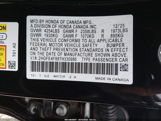 Aukcja sprzedaży 2026 Honda Civic Hybrid Sport/sport Touring, vin: 2HGFE4F88TH330986, numer aukcji: 44845807