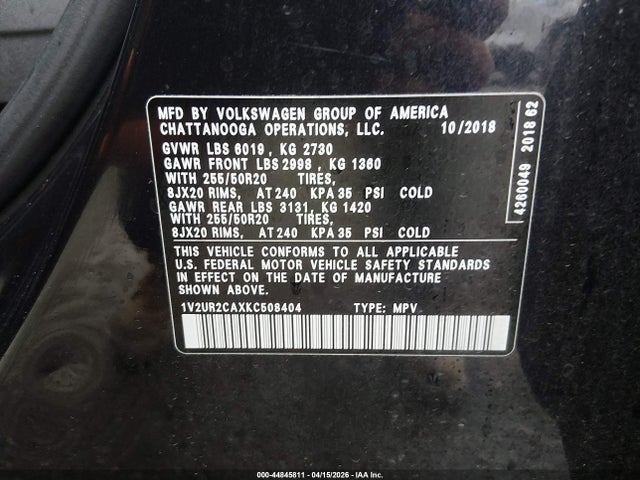 44845811 :رقم المزاد ، 1V2UR2CAXKC508404 vin ، 2019 Volkswagen Atlas 3.6l V6 Se W/technology مزاد بيع