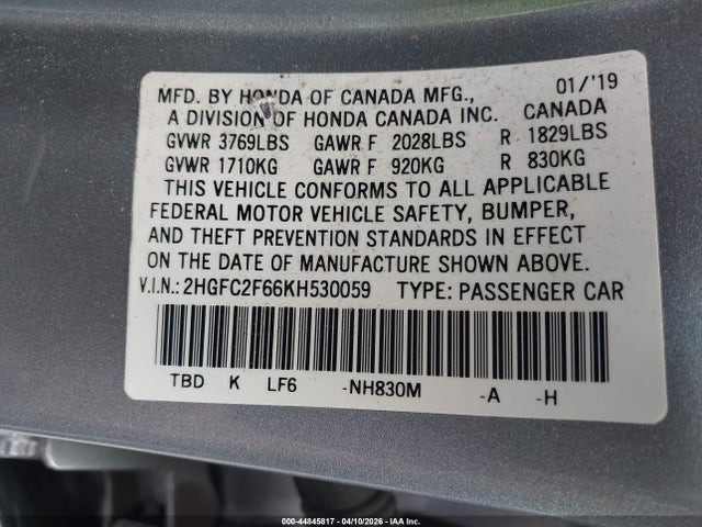 Honda Civic Lx 2019 2HGFC2F66KH530059 Image 9