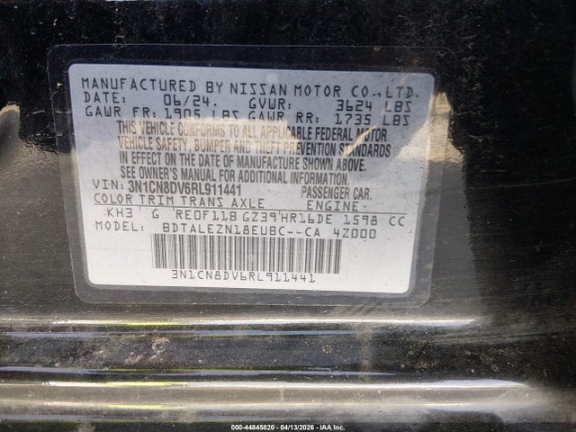 44845820 :رقم المزاد ، 3N1CN8DV6RL911441 vin ، 2024 Nissan Versa 1.6 S مزاد بيع