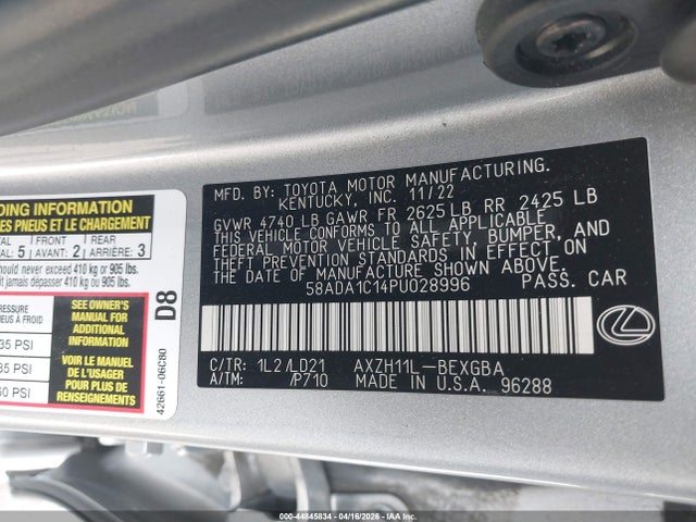 Продажа на аукционе авто 2023 Lexus Es 300h, vin: 58ADA1C14PU028996, номер лота: 44845834