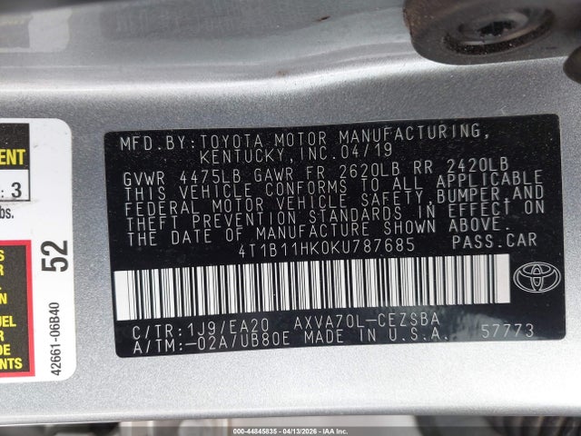 2019 TOYOTA CAMRY 4T1B11HK0KU787685 Photo 8