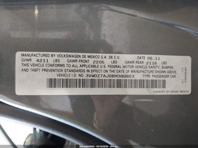 Продаж на аукціоні авто 2011 Volkswagen Jetta 2.5l Se, vin: 3VWDZ7AJ0BM380803, номер лоту: 44845845
