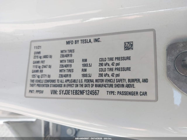 5YJ3E1EB2NF124567 Tesla Model 3 Long Range Dual Motor All-wheel Drive