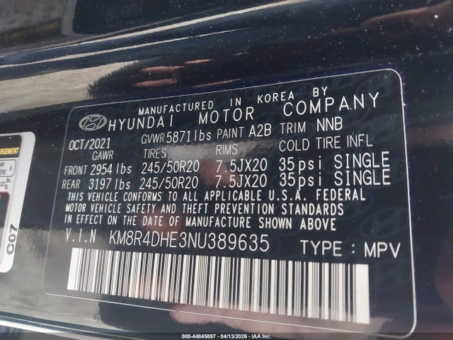 44845897 :رقم المزاد ، KM8R4DHE3NU389635 vin ، 2022 Hyundai Palisade Sel مزاد بيع