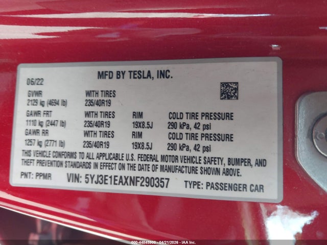Продаж на аукціоні авто 2022 Tesla Model 3 Rear-wheel Drive, vin: 5YJ3E1EAXNF290357, номер лоту: 44845900