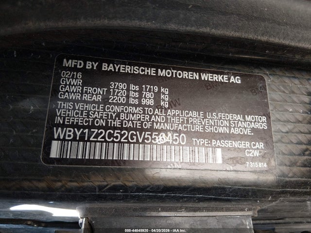 2016 Bmw I3 მანქანა იყიდება აუქციონზე, vin: WBY1Z2C52GV556450, აუქციონის ნომერი: 44845920