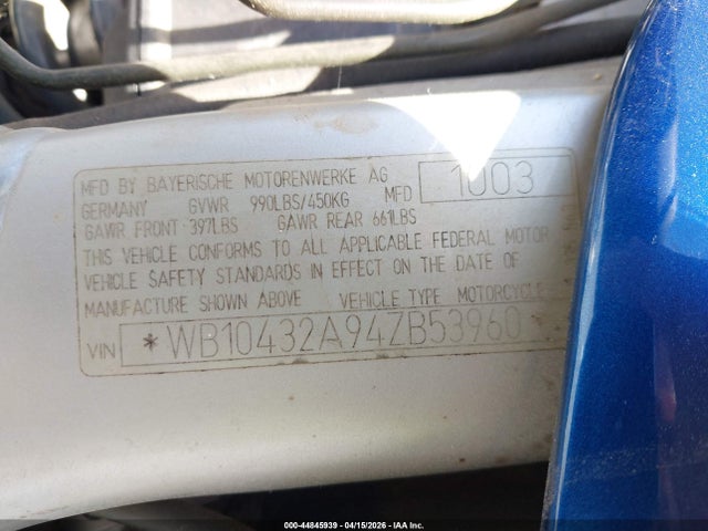 44845939 :رقم المزاد ، WB10432A94ZB53960 vin ، 2004 Bmw R1100 S مزاد بيع