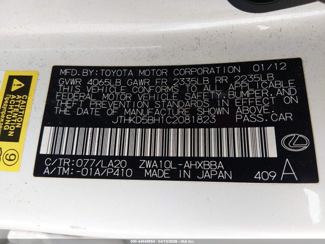 Aukcja sprzedaży 2012 Lexus Ct 200h Premium, vin: JTHKD5BH1C2081823, numer aukcji: 44845954