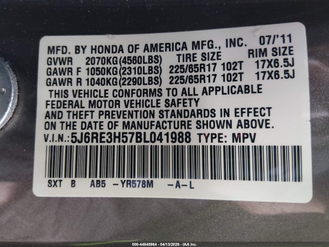 2011 Honda Cr-v Ex მანქანა იყიდება აუქციონზე, vin: 5J6RE3H57BL041988, აუქციონის ნომერი: 44845964