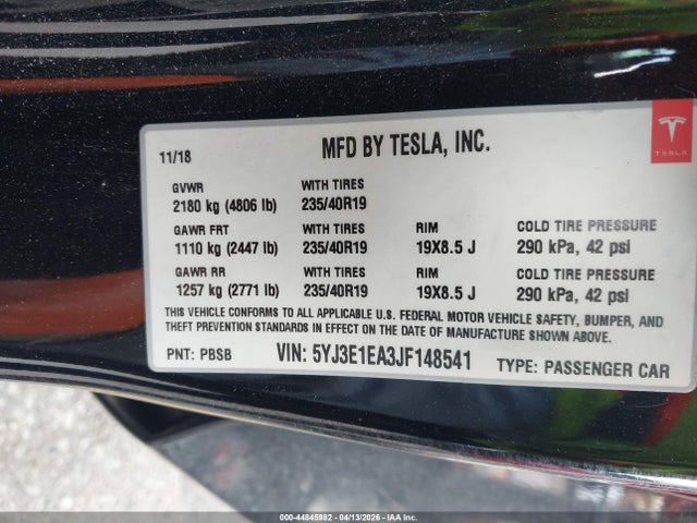Продажа на аукционе авто 2018 Tesla Model 3, vin: 5YJ3E1EA3JF148541, номер лота: 44845982