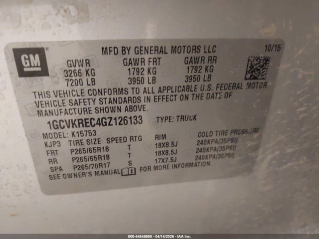Продажа на аукционе авто 2016 Chevrolet Silverado 1500 2lt, vin: 1GCVKREC4GZ126133, номер лота: 44845985