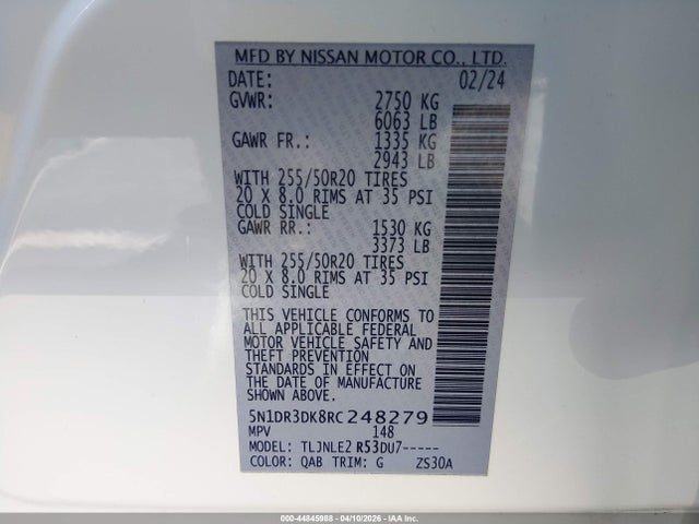 5N1DR3DK8RC248279 Nissan Pathfinder Platinum 4wd