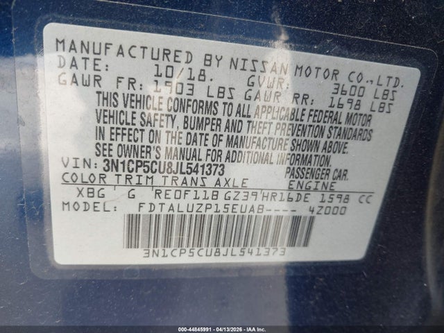 3N1CP5CU8JL541373 Nissan KICKS SR