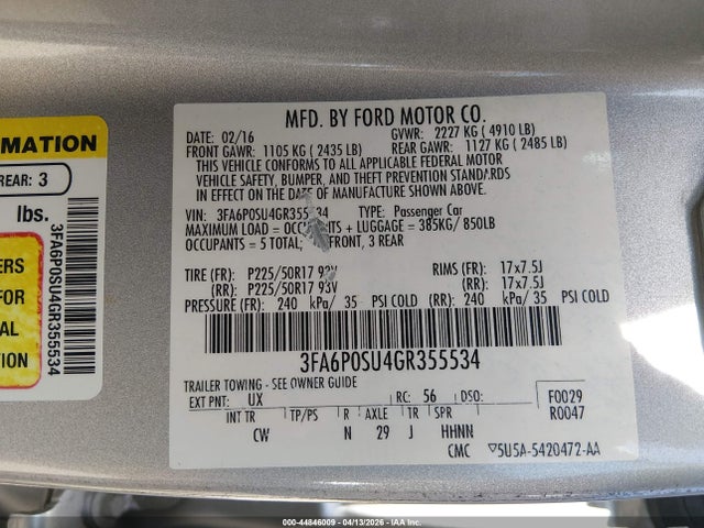Продажа на аукционе авто 2016 Ford Fusion Energi Titanium, vin: 3FA6P0SU4GR355534, номер лота: 44846009