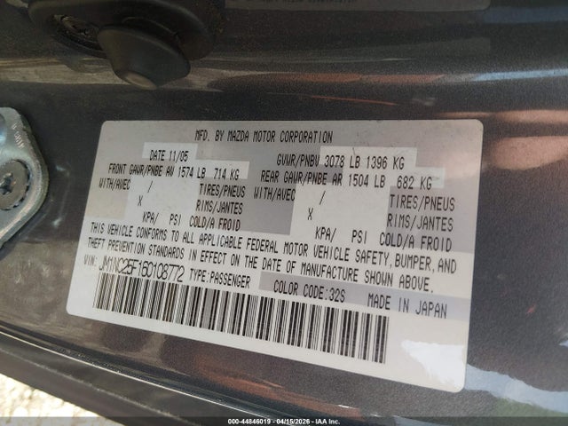 Продажа на аукционе авто 2006 Mazda Mx-5 Grand Touring, vin: JM1NC25F160108772, номер лота: 44846019