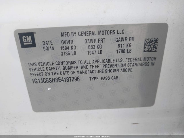 44846034 :رقم المزاد ، 1G1JC5SH8E4187296 vin ، 2014 Chevrolet Sonic Lt Auto مزاد بيع